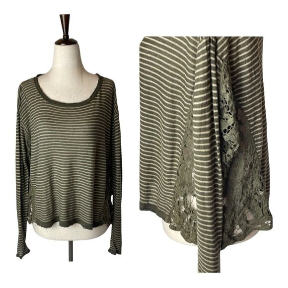 Free People Olive Green Stripe Crochet Sides Linen Blend Long Sleeve Top Size XS - Picture 1 of 10